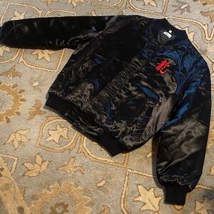 Ekino Classic Black Satin Bomber Jacket with Red Embroidery $150